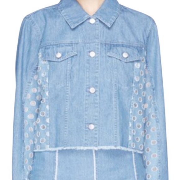 New with tag J Brand Women’s Cyra Polka Dot Panel Crop Denim Blue Jean Jacket - Picture 2 of 16